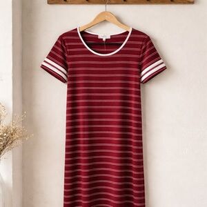 Pink Rose Burgundy and White Striped Tee Shirt Dress